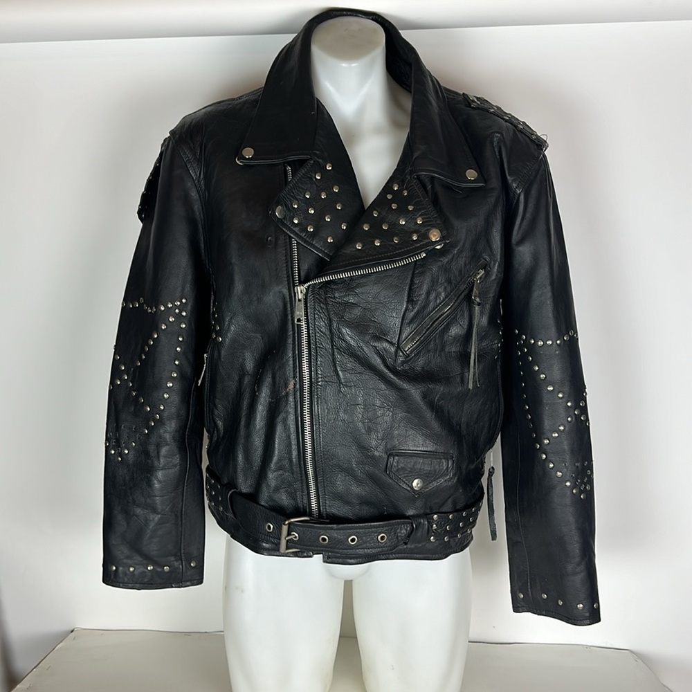 Vintage Ripples Men Motorcycle Black Leather Jacket men’s SZ 46